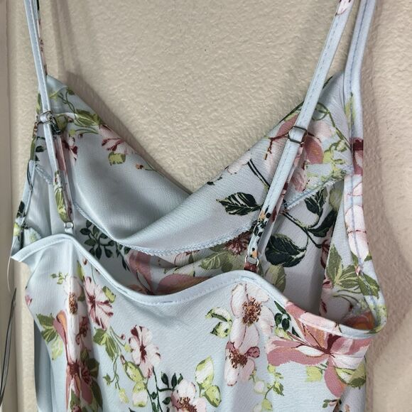 BEBE Women's Baby Blue Floral Satin Cowl Neck Spaghetti Strap Midi Dress S NEW - Picture 8 of 12